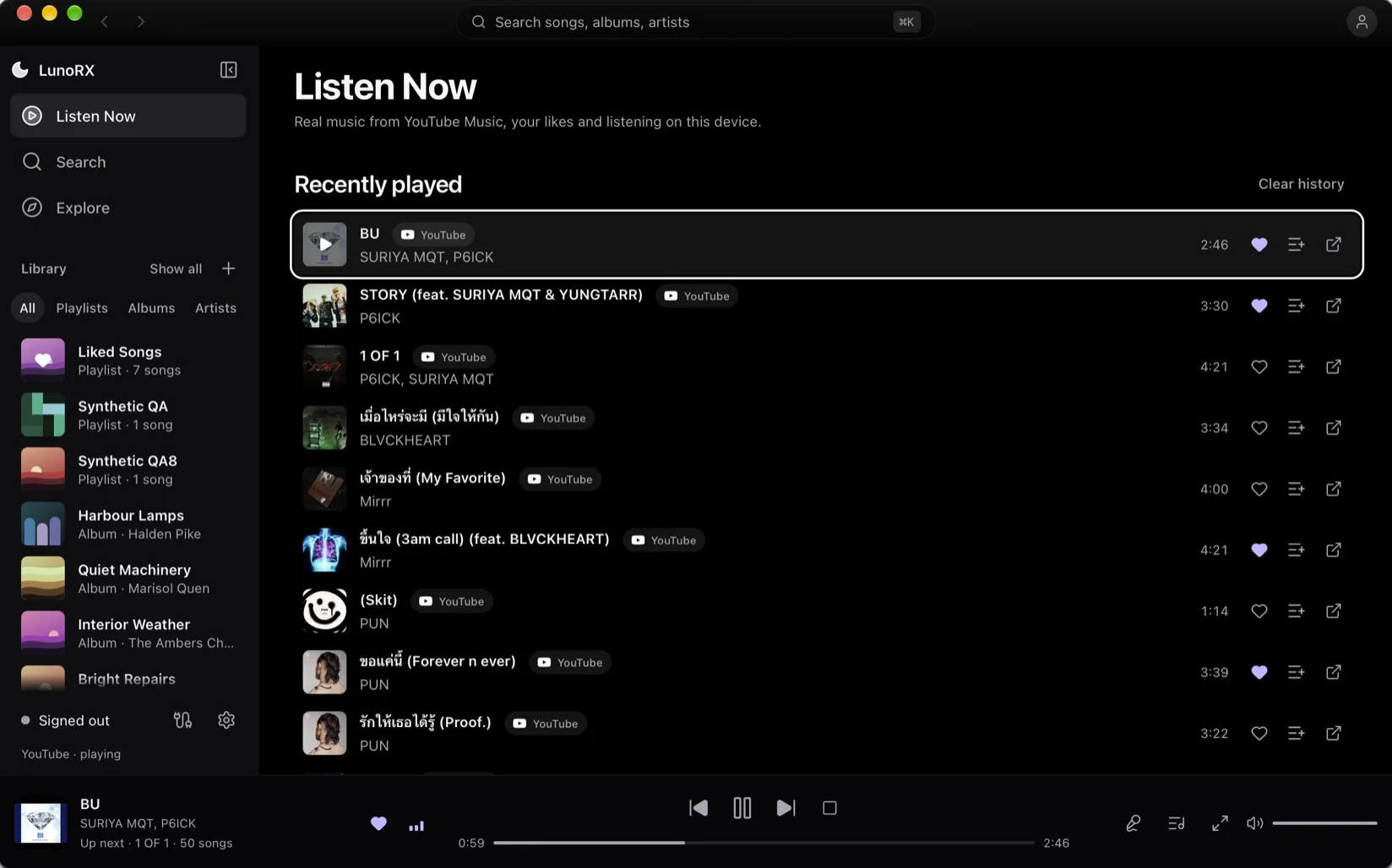 The Listen Now page of LunoRX on macOS, showing recently played songs, a song list on the side and playback controls at the bottom